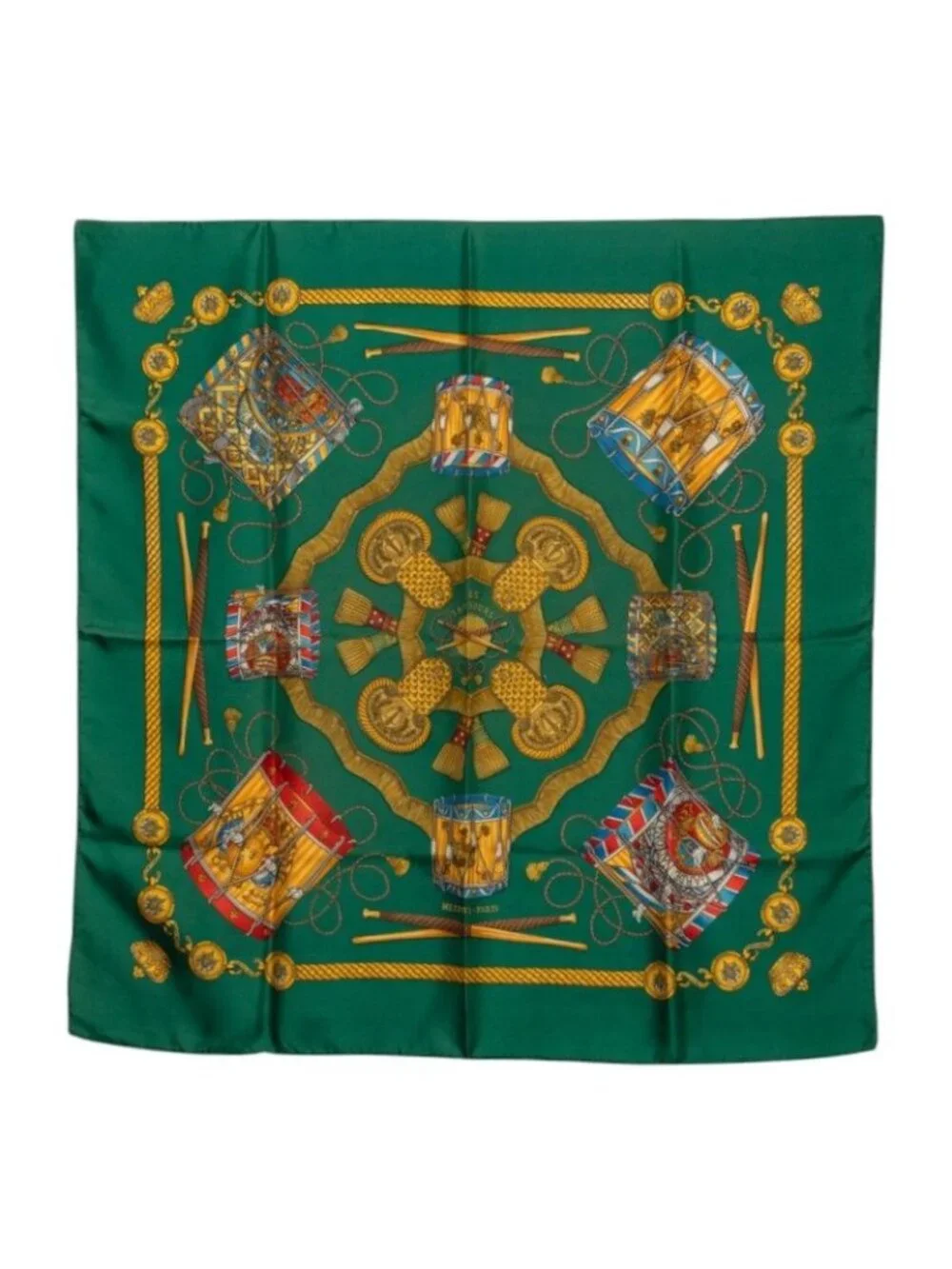 Hermes Carre 90 les Tambours Drum Scarf Green Multicolor Silk